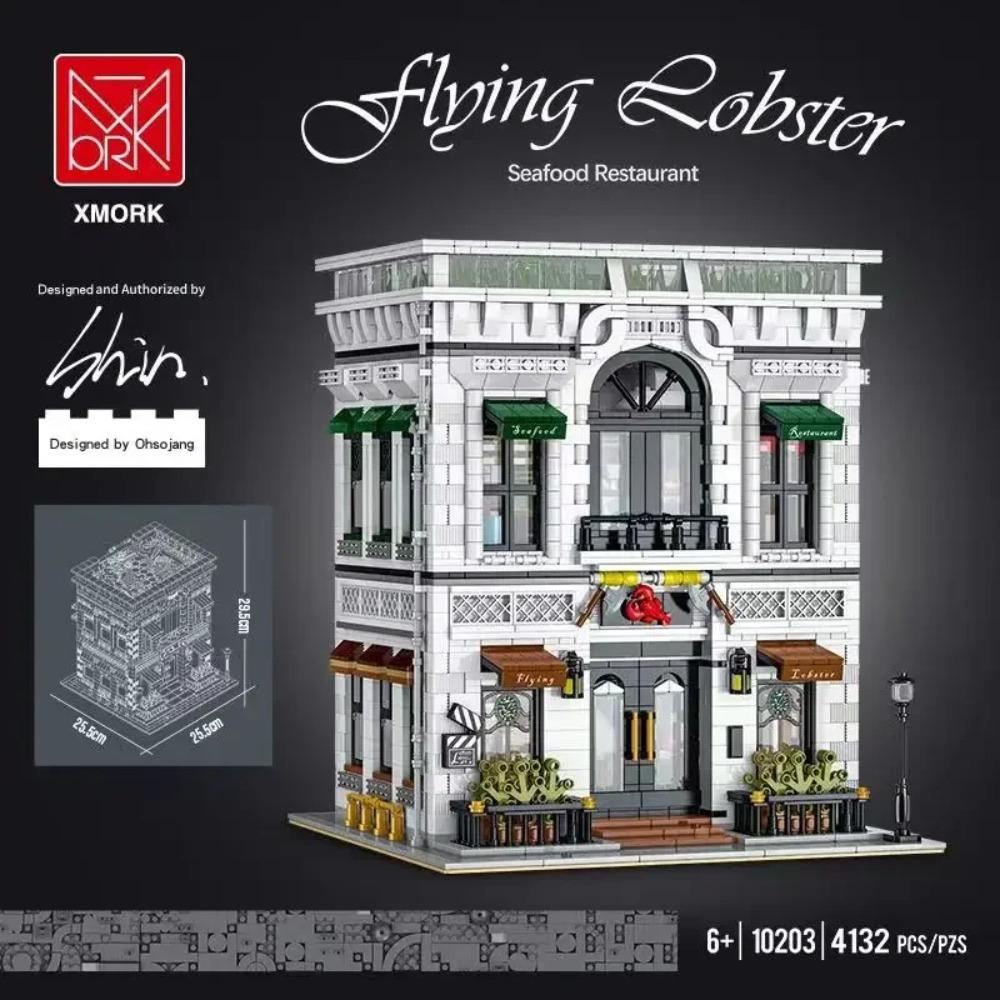 4132PCS Seafood Restaurant Model Building Blocks Creative City Street View MOC Bricks Set With Light Desktop Ornaments Kids Toys