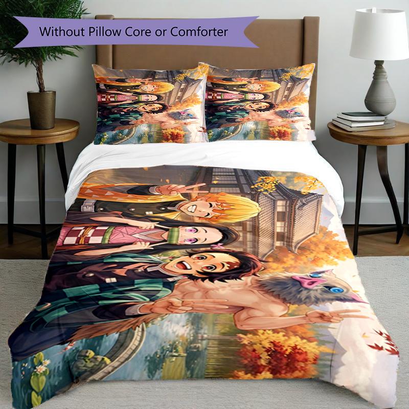 3pcs Duvet Cover Set (1*Duvet Cover + 2*Pillowcase, Without Core), Demon Slayer Print Bedding Set, Bedroom Decor, All‑Season, Birthday Gift