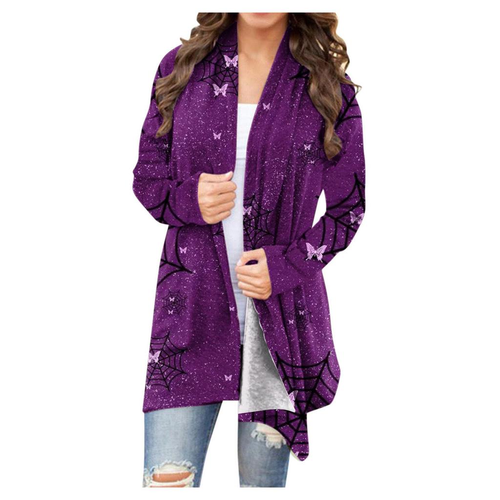 Женская модная повседневная куртка-кардиган средней длины с длинным рукавом и принтом на Хэллоуин