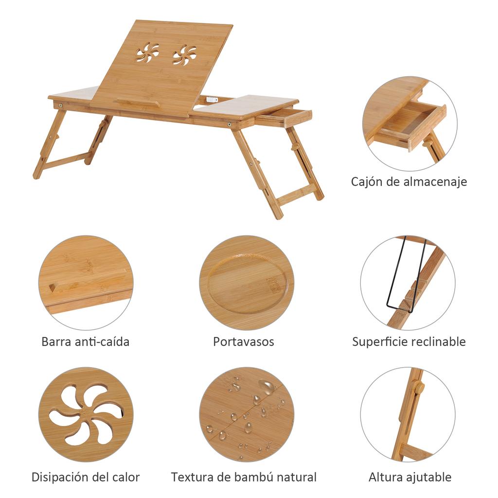 Bamboo Laptop Desk Bed Tray Breakfast Folding Reclining Adjustable Height Lap Desk Support With 1 Drawer 72x35x22 30cm