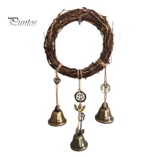 Door Knob Witch Bell Home Protection Handmade Hanging Brass Bell Wishing Bottle Rattan Wreath Witchcraft Door Hanger Wicca Wind Chime Decoration