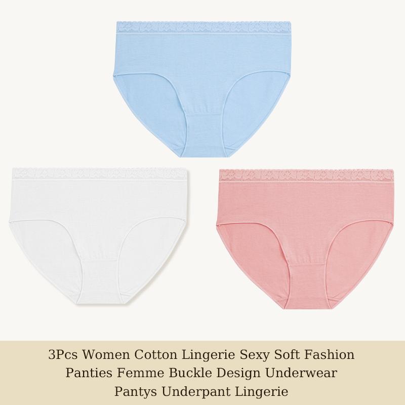 3 шт. Женское хлопковое нижнее белье Сексуальные мягкие модные трусики Femme Дизайн с пряжкой Трусы Нижнее белье Кружевное интимное белье S-XL