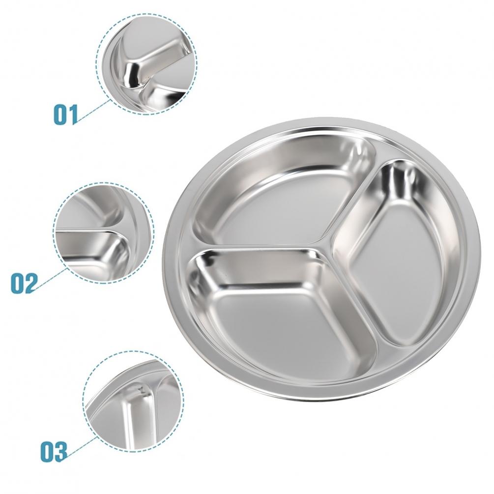 Stainless Steel 3-Compartments-Divided Plate Food Serving Lunch Dinner Dish Tray