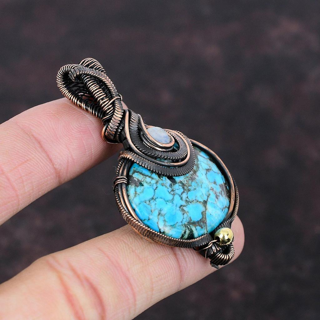 Тибетская бирюза кулон, кулон, обернутый медной проволокой, кулон с драгоценным камнем, лунный камень, медные украшения, подарок для нее, кулон ручной работы, целебный камень