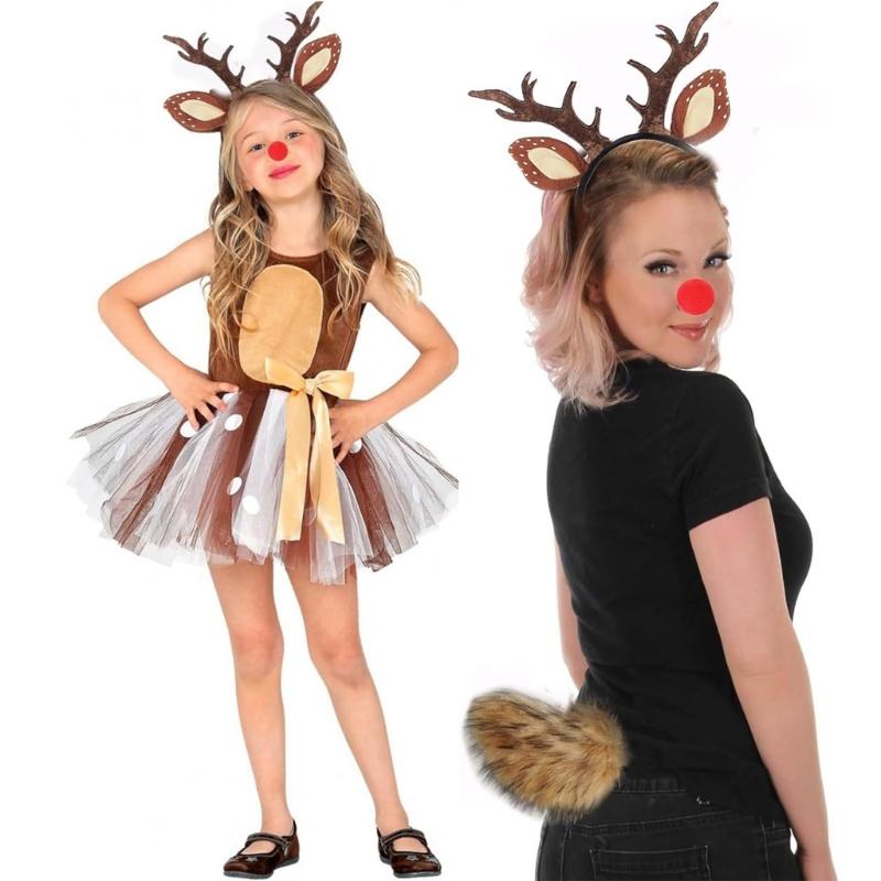 Рождественский костюм оленя для женщин и девочек Рождественская повязка на голову с ушками оленя Хвост оленя Нос Юбка Хэллоуин Животный костюм Аксессуар