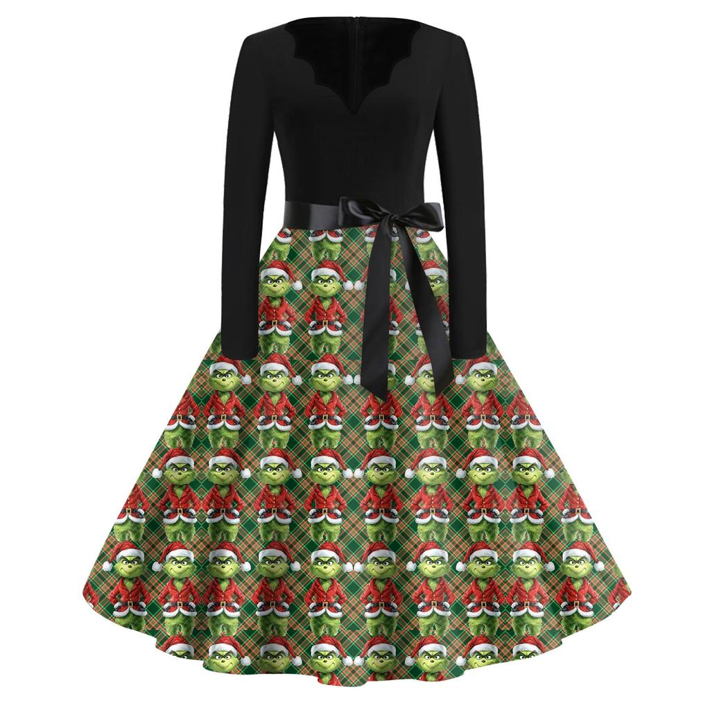Women's Fashion V-neck Casual Slim-fit Christmas Print Long-sleeved Dress