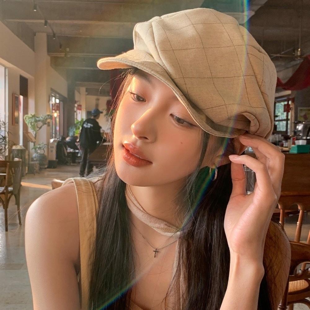 Vintage Plaid Beret Cloud Peaked Hat Retro Octagonal Cap Outdoor