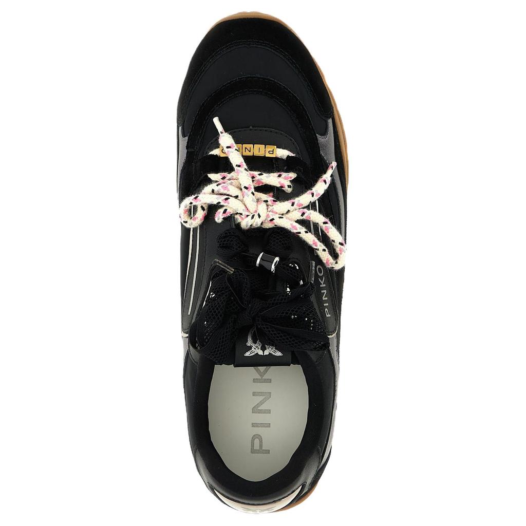 PINKO Yulia 01 Calfskin Logo Detail Embellished With Shiny Gems Flat Lace-Up Low-Top Casual Shoes Women sneaker Black SS0185P076Z99