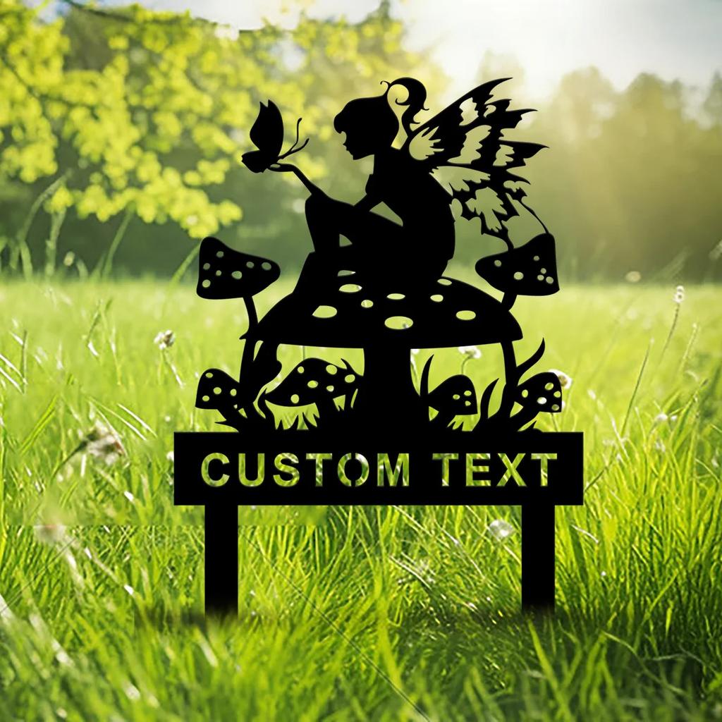 Metal Fairy Garden Stake Mushroom Decor Personalized Gardener Name Sign Outdoor Yard Art
