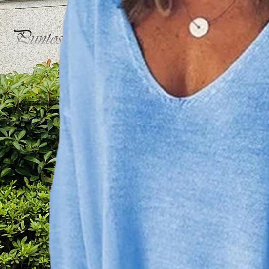 Women T-shirt V-Neck Long Sleeve Loose Fit Tee Shirt Solid Color Breathable Casual Pullover Tops Daily Wear