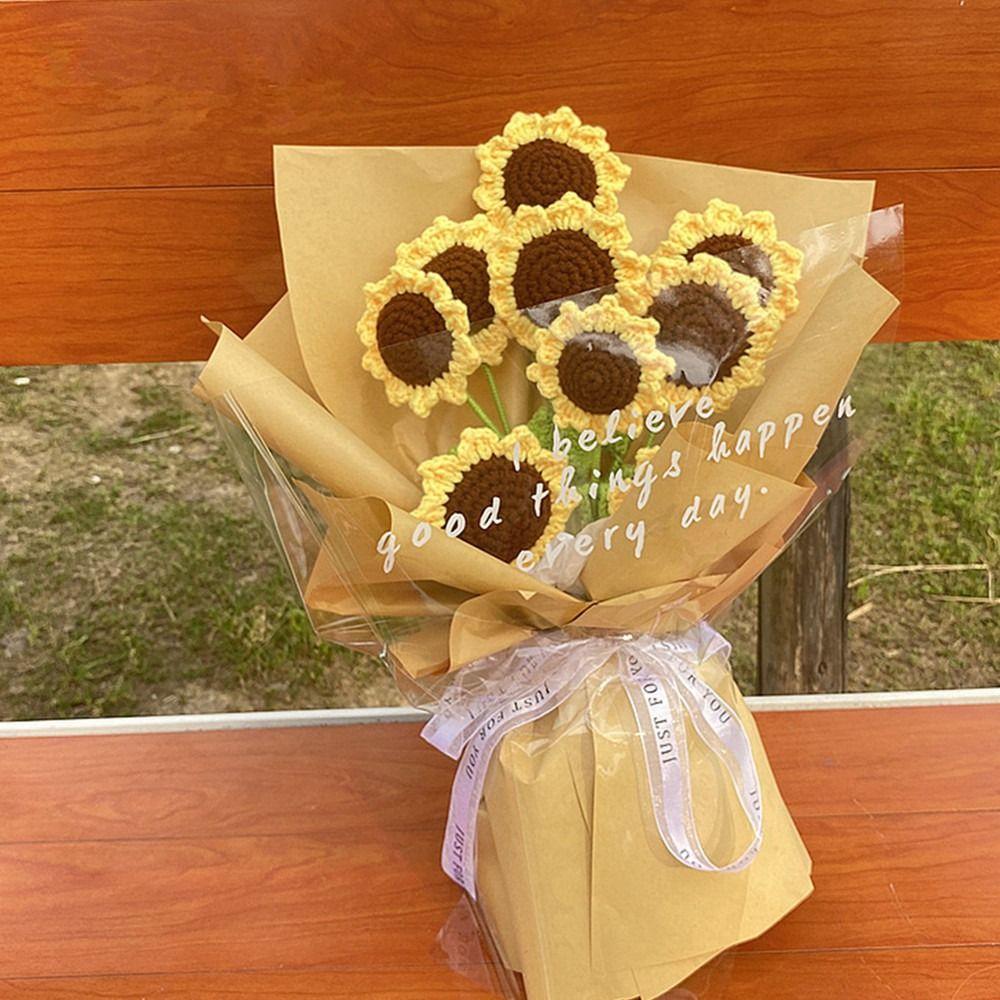 House DIY Finished Product Sunflower Bouquet Vase Ornament Knited Flower Table Fake Flowers