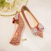 Fashion Red Shiny Sequins Thin Heel Pumps Women 2024 Fashion Crystal Bow Wedding Party Shoes Woman Bling High Heeled Bridal Shoes