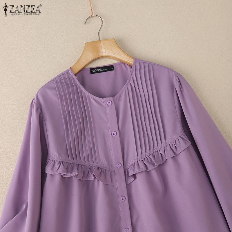 ZANZEA Женская повседневная однотонная блузка с круглым вырезом и длинным рукавом