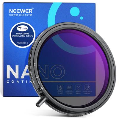 NEEWER 77 мм Фильтр True Color Variable и CPL с регулируемой нейтральной плотностью и круговым поляризатором, со Стеклом HD Optical Glass и Рамкой из Алюминиевого Сплава ND2-32