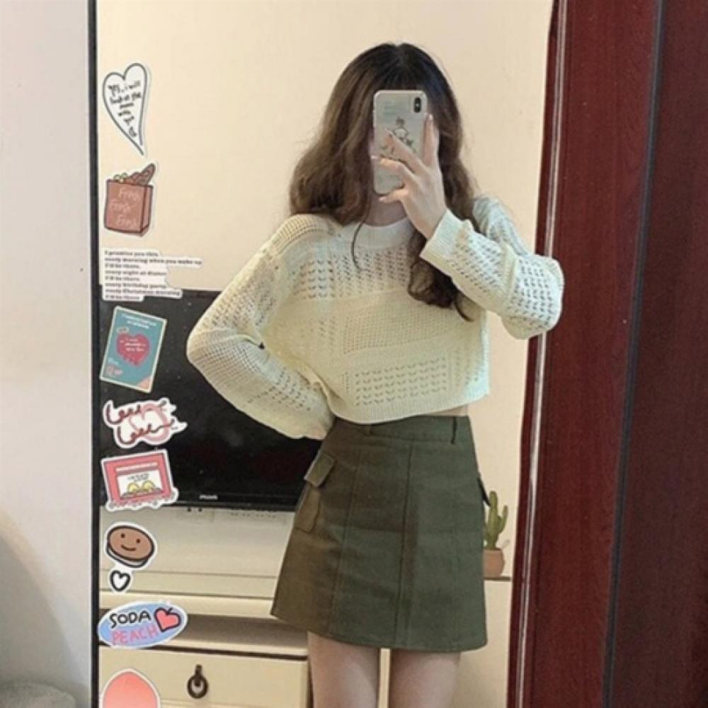 New Arrivals Open Run Women Simple Mesh See Through Long Sleeve Crop Knit Sweate