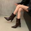 2024 Осень и зима Кожаная женская обувь Модные сапоги на высоком каблуке Сексуальные короткие сапоги Дизайнерская женская обувь Черные сапоги