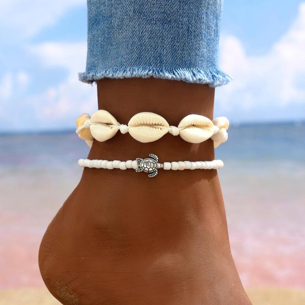 Anklet Beaded Shell Bohemian Set Handmade Twopiece Knotted Style