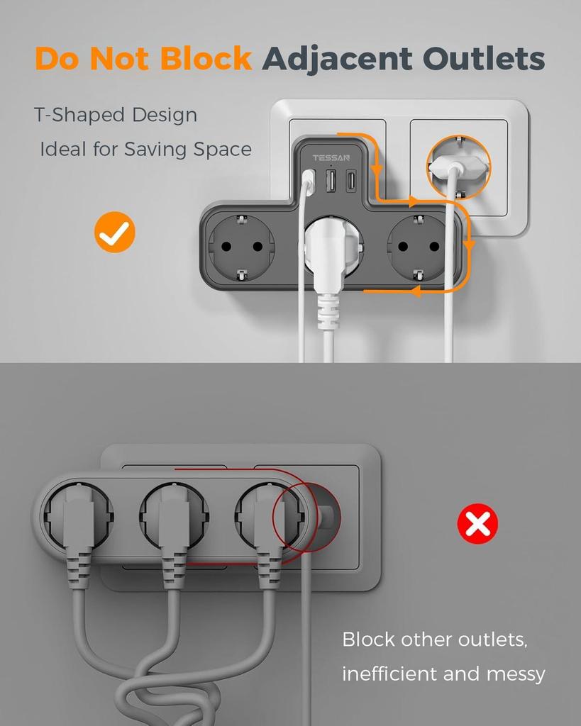 Tessan Сетевой фильтр с 3 розетками и 3 портами USB, электрический фильтр 6 в 1, сетевой фильтр для дома и офиса, совместимый с телефонами и ноутбуками