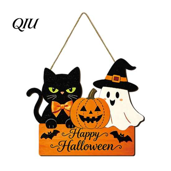 Black Cat Pumpkin Ghost Pendant Halloween Door Sign with Hemp Rope Lanyard, Printed Hanging Kindergarten Holiday Environment Decor Plaque, Wooden