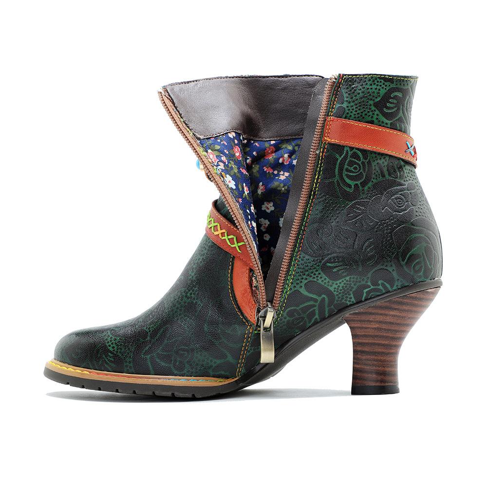 Johnature Сапоги из натуральной кожи. Модные женские туфли на высоком каблуке. Короткие сапоги в стиле ретро с заклепками в стиле пэчворк.