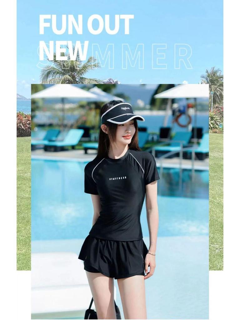 Женский консервативный купальник-двойка большого размера с коротким рукавом