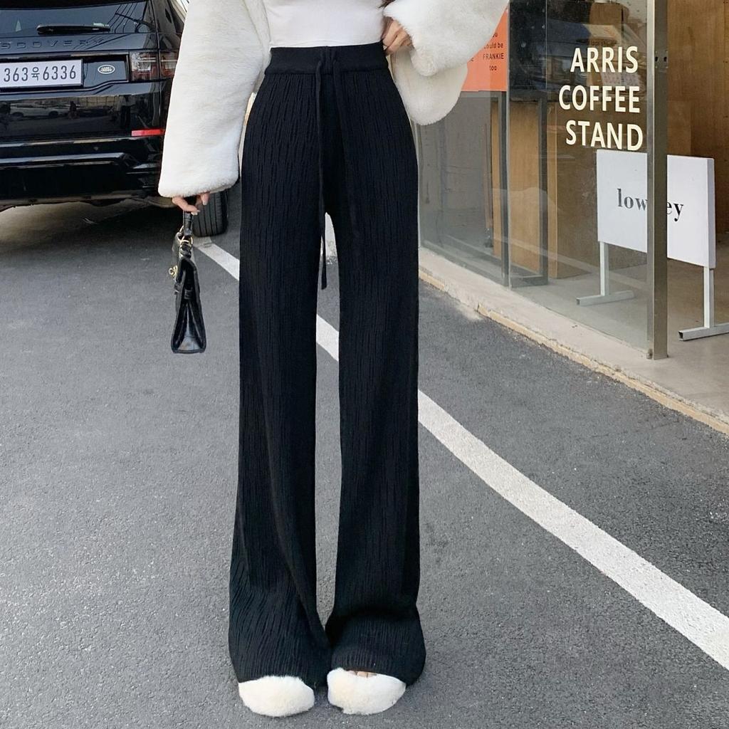 Осенне-зимние тонкие трикотажные повседневные брюки с высокой талией, женские модные драпированные белые широкие брюки, прямые брюки для мытья полов