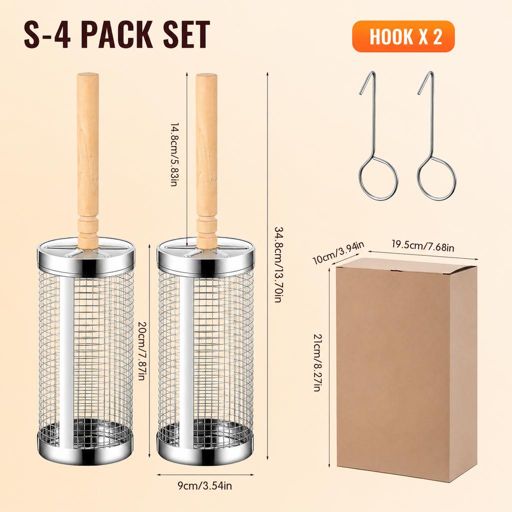 4/6/8 Pack Stainless Steel Rolling Grilling Basket Set Wooden Handle Outdoor Camping BBQ Vegetable Meat Grilling Accessories