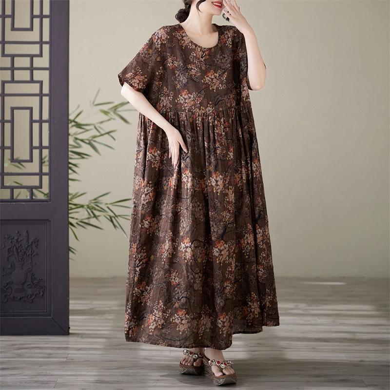 Короткий рукав Плюс размер Хлопок винтажный цветочный новый в платьях для женщин повседневный свободный Макси длинное летнее платье
