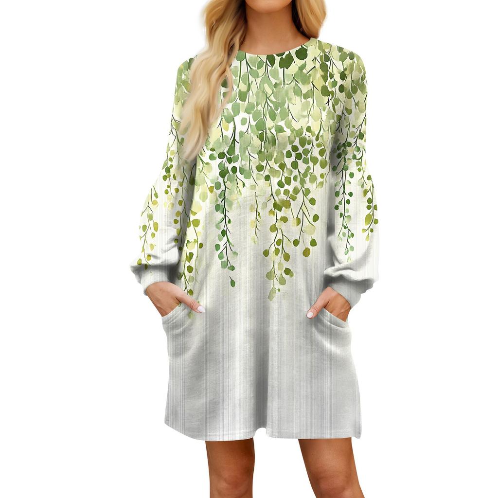 Модное женское платье трапециевидной формы с длинным рукавом. Осенний повседневный пуловер с круглым вырезом. Свободное платье с карманами.