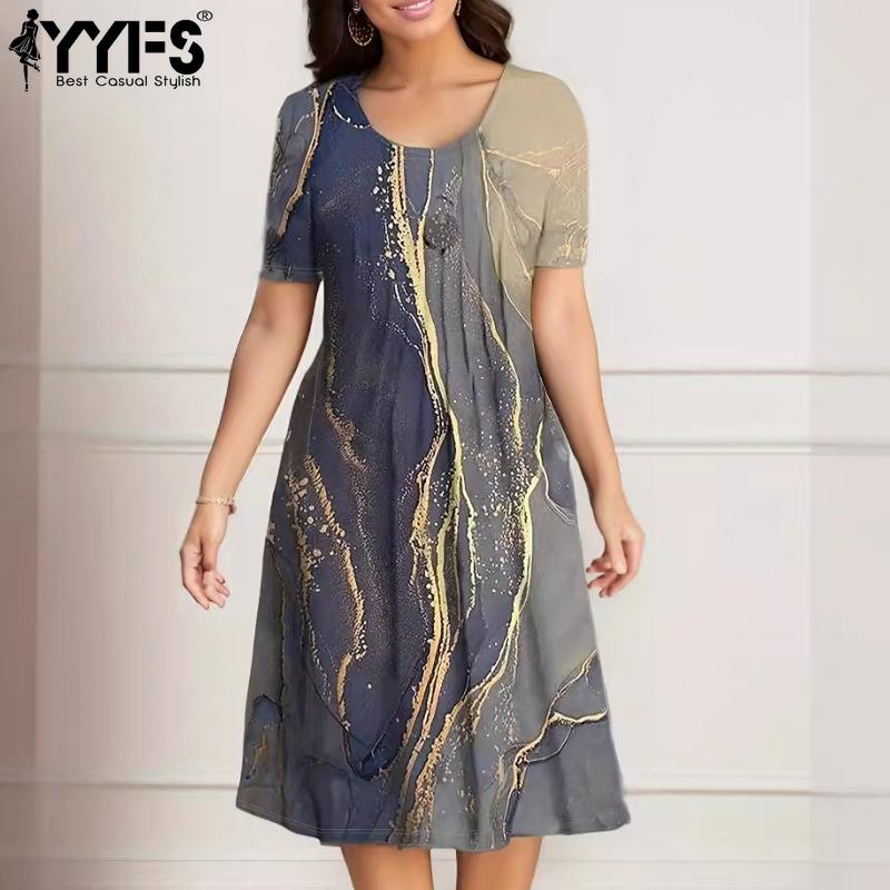 YYFS Женская мода лето весна цвет блок принт короткий рукав О-образный вырез свободная талия повседневные платья