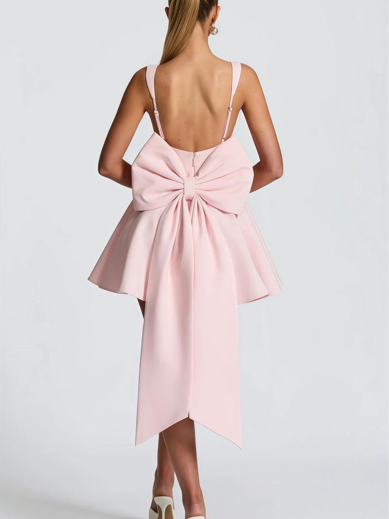 Sweet Spaghetti Strap Backless Dress with Large Bow - 2025 Spring Collection