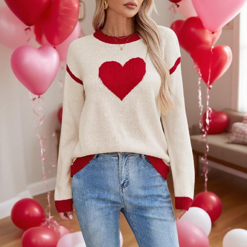 Women's Crew Neck Long Sleeve Heart Print Knit Sweater Loose Fit Casual Pullover Top