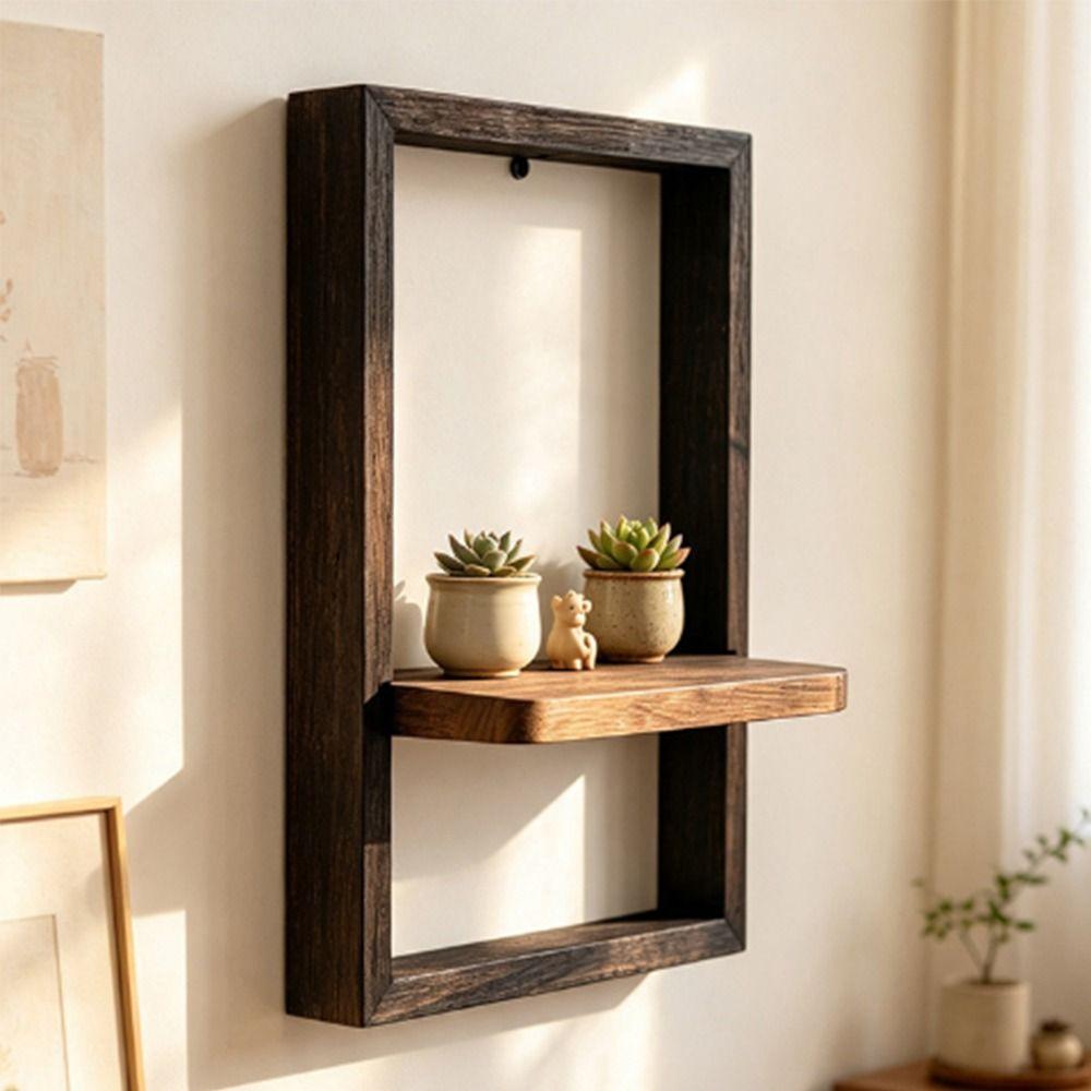 Square Shape Wall Floating Hanger Wood Wall Mounted Shelf Vintage Plant Display Shelf Bedroom