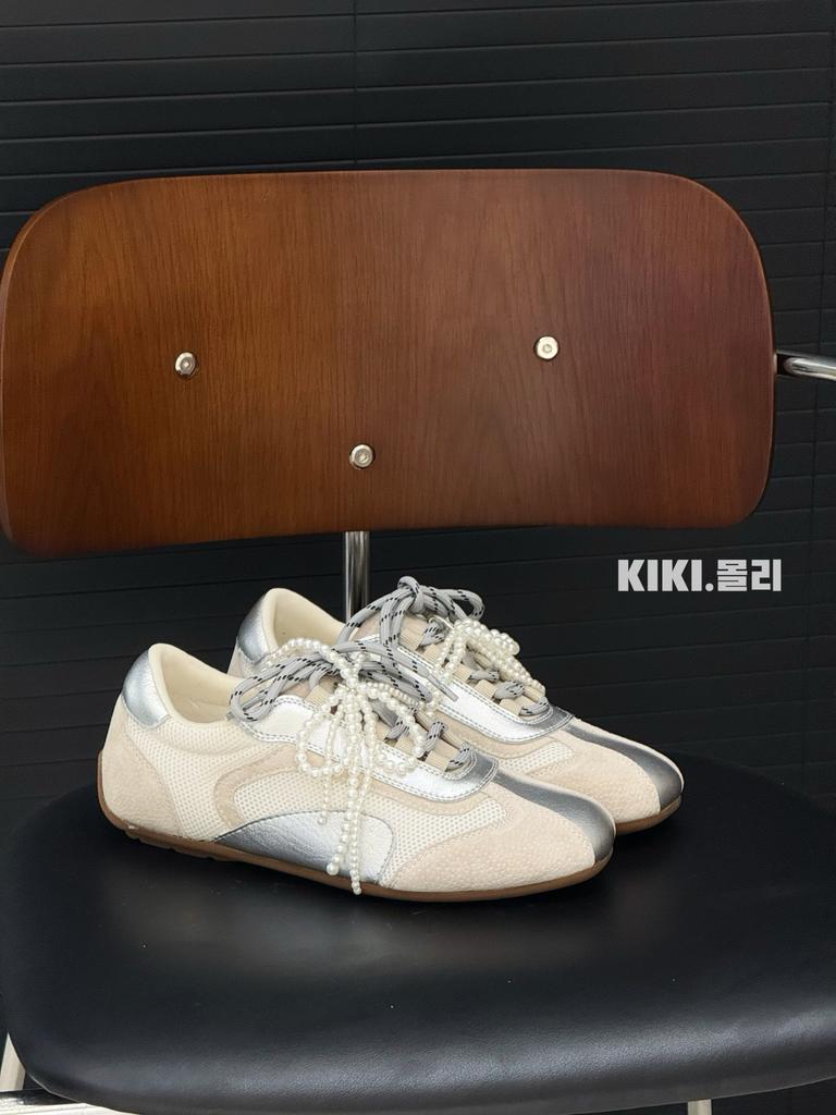 Leather Double Color Ribbon Inner Height Increase German Training Shoes Women's 2025 Spring Soft Sole Beaded Bow Mesh Forrest Gump Casual Shoes