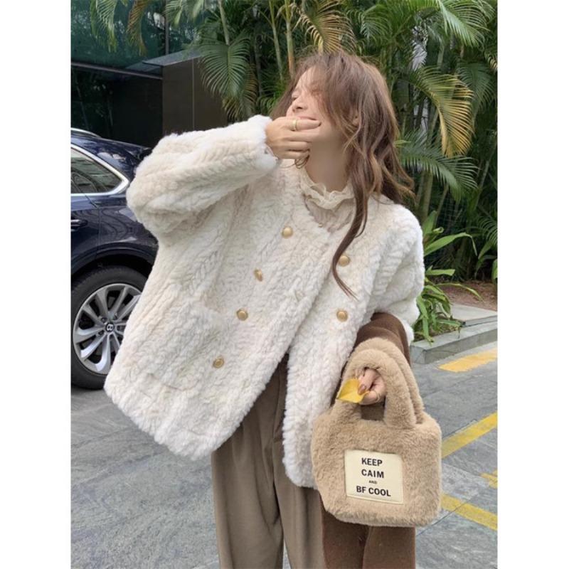 Lamb Wool Coat Women's Winter Small Fragrant Style Loose Thickened Plush White Fur Top Cotton Coat