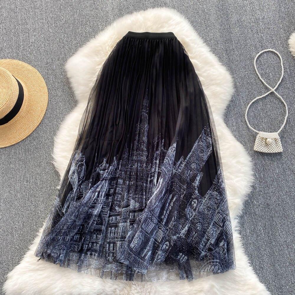 Qooth Женская весенняя газовая юбка средней длины с высокой талией, повседневная сетчатая юбка трапециевидной формы с принтом QT1824