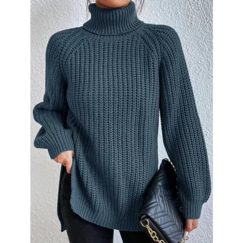 Autumn and Winter Women's Plus Size Knit Sweater Medium Long Shoulder Sleeve High Lapel Split Sweater Dress
