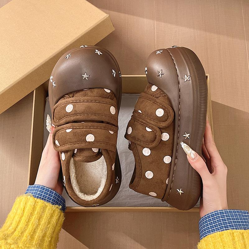 Polka dot thick-soled velvet Velcro cotton shoes women's winter outer wear bag heel warm shoes confinement cotton shoes