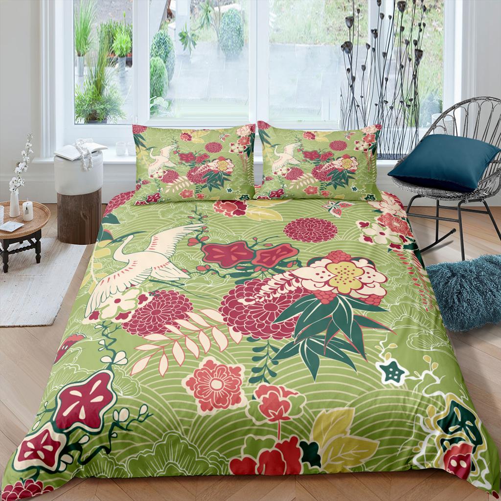 Пододеяльник с японским журавлем King Queen Size Wave Flower Ukiyo-e Style Комплект постельного белья Восточная культура 2/3 шт. Полиэстеровый пододеяльник