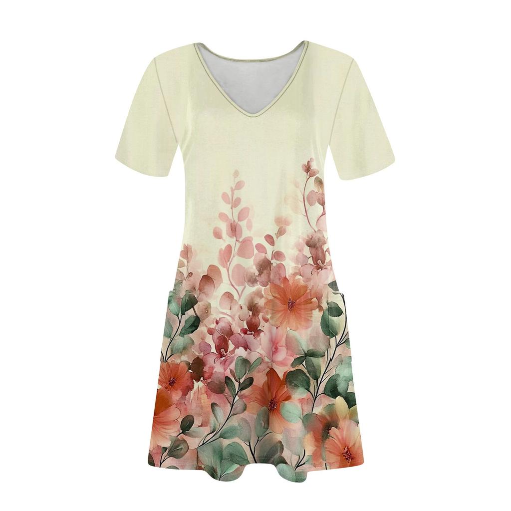 Женский повседневный сарафан с карманами, летнее пляжное платье в стиле бохо, цветочные блузки для женщин, футболки, платья с V-образным вырезом, свободные платья