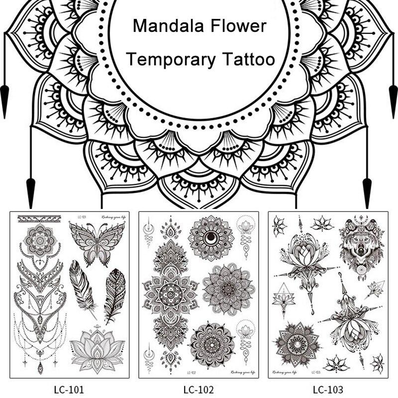 Мандала цветок временные татуировки наклейки ключицы руки назад тела ретро черные одноразовые поддельные татуировки водостойкие для сексуальных женщин