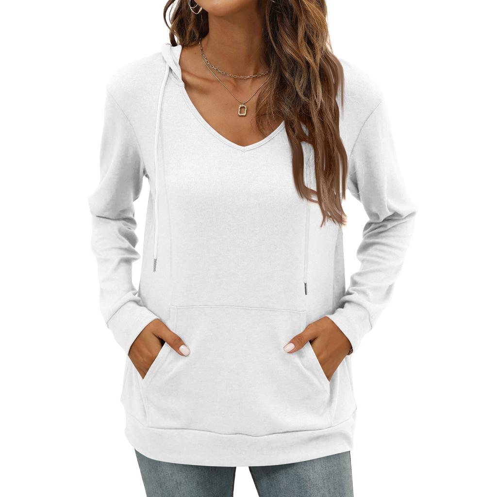 Women's Fashion Casual V Neck Long Sleeve Solid Color Pocket Drawstring Hooded Top