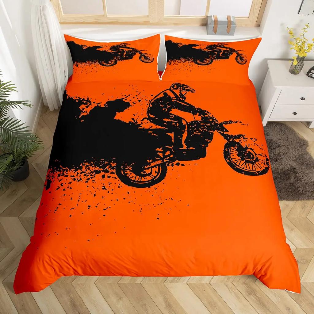 3pcs Cool Motorbike Bedding Set Dirt Bike Duvet Cover Twin Motocross Rider Comforter Cover Extreme Sports For Boys Adults
