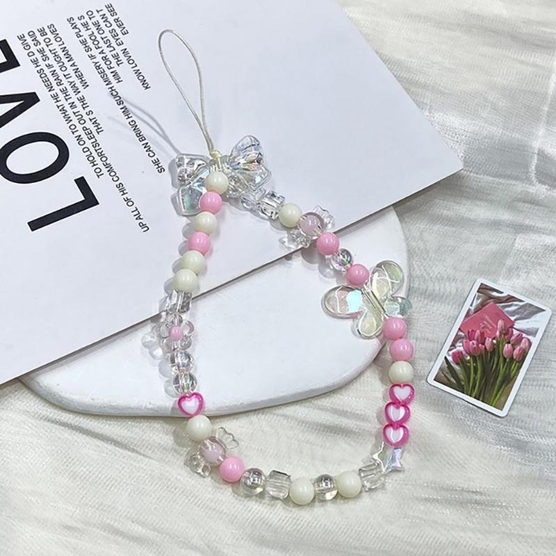 Korean Cute Charm Pink Butterfly Love Heart Phone Chain For Iphone Girl Women Jewelry Strap Beaded Lanyard Hanging Cord Bracelet