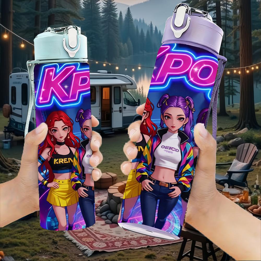 1PC Bright Neon Kpop Girl Group Bust 750ml Color Plastic Water Bottle Leakproof Flip Straw Lid For Sports Office Home Use