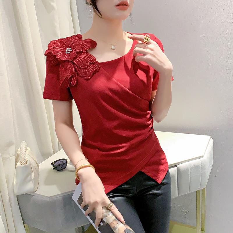 Приталенная асимметричная женская футболка на лето 2024: Трендовый дизайн с коротким рукавом в иностранном стиле