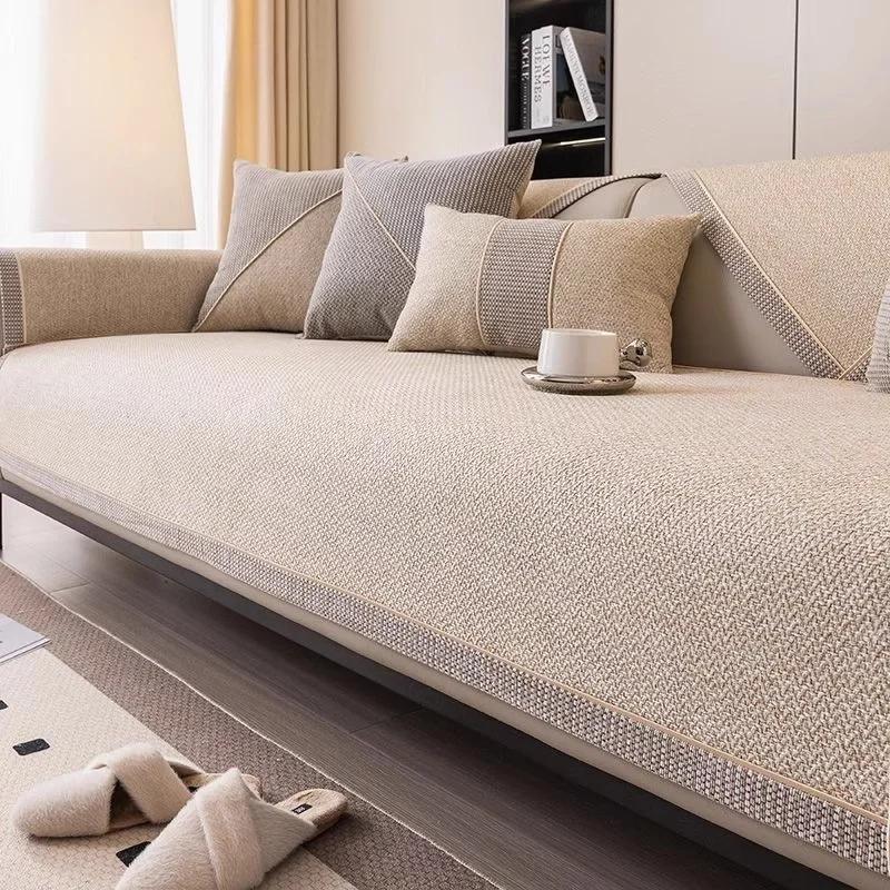 1pc Cotton Line Sofa Cover Solid Color Non-slip Couch Cushion Four Seasons Universal Sofa Mat Simple Sofa Slipcover Living Room
