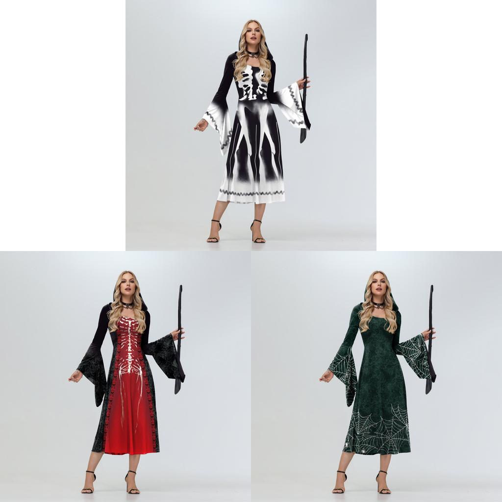 Halloween Witch Crazy Hooded Dress With Digital Print For Costume Parties