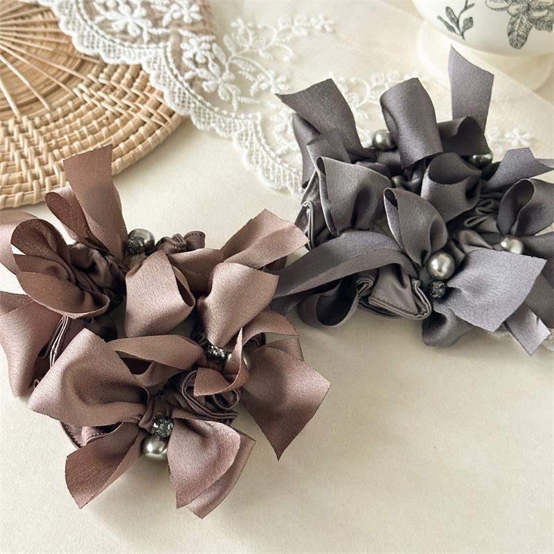 High Gloss Luster Bowknot Elastic Hair Bands Metallic Bead Embellishment Sophisticated Evening Party Ponytail Ties