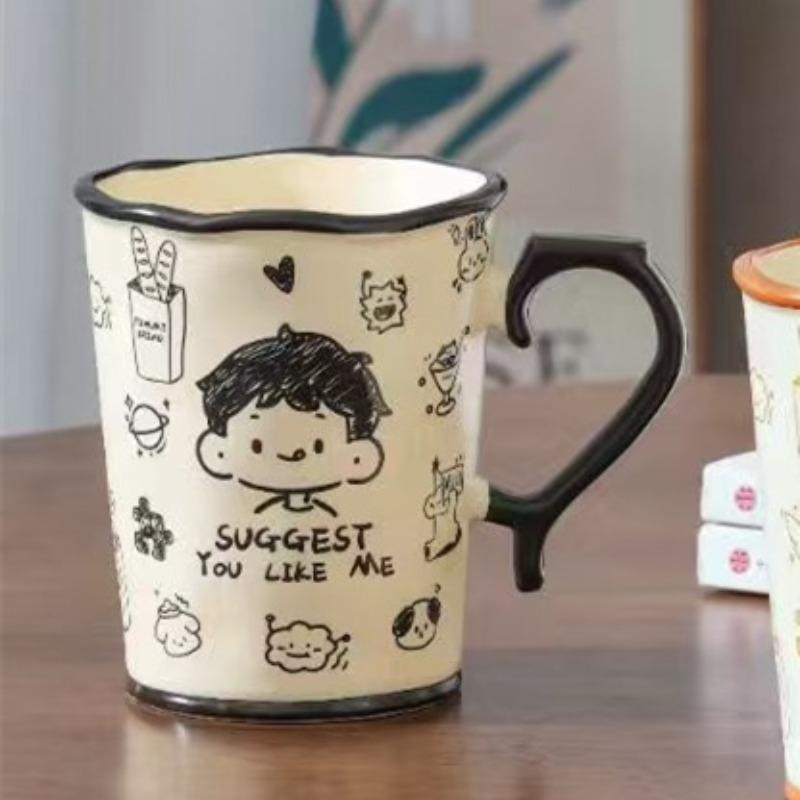 Креативная Персонализированная Пара с Крышкой и Ложкой Керамическая Чашка Высокого Внешнего Вида Большая Вместимость Кружка для Маленького Подарка для Девочек Чашка для Воды для Домашнего Использования